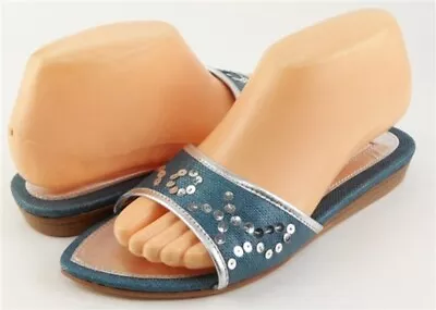 $135 C.LABEL ROCK CANDY Ocean Blue Textile Sequined Designer Slides Sandals 7 M • $22.49