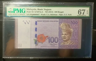 Malaysia Banknote Rm100 Pmg67epq Low Number Bq0000097 Zeti Gabenor • $118
