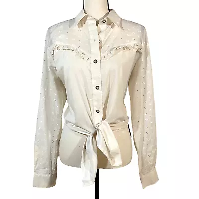 Vintage Banjo Ivory Eyelet Lace Western Button Up Top Womens Sz Medium Tie Front • $94.21