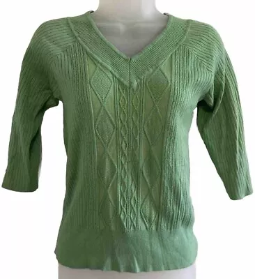 Vintage Tailor B. MOSS Green Cable Knit Sweater V-Neck 3/4 Slv Womens Sz Medium • $12.49