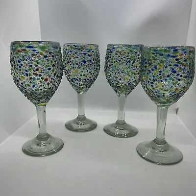 Set Of 4 Mexican Art Wine Glasses Hand Blown Confetti Pebble Style Multi-Colored • $49.95