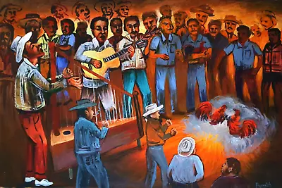 Mexican Cockfight In Pueblo Town Village Oil On Canvas By Palomares Pm121 • $300