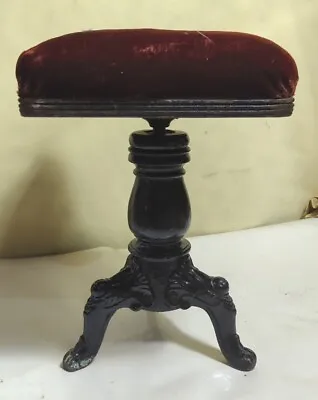 Antique Piano Stool Merriam Wood W 3 Iron Legs Upholstered Velvet Adjustable • $119.88