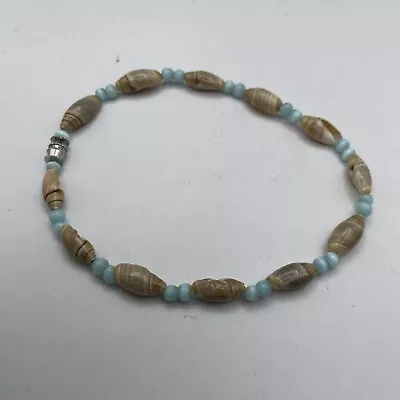 Vintage Shell Anklet Ankle Bracelet Tan With Blue Beads Beach Sandal Barrel • $7.69