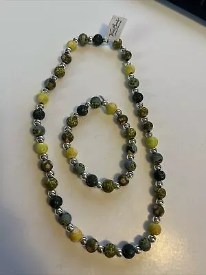 Viva Beaded Necklace & Bracelet Stretch Flower Mosaic Handmade Clay Silver Tone • $29.25