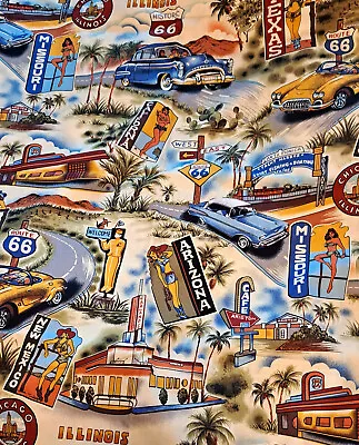 Hoffman Fabric Route 66 Vintage Cars Cowgirls  Fabric 1 Yard • $5