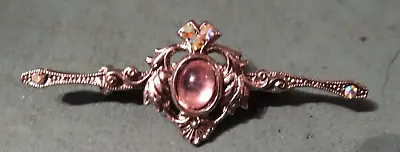 Vintage Gold Tone Bar Brooch With Pink Bead Stone Valentine's Day • $8