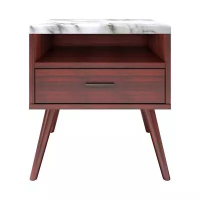 Nightstand Mid Century Rectangle Marble Top Drawer Rectangle Cherry Wood • $145.22