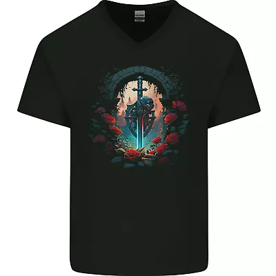 A Gothic Medieval Sword And Skull Mens V-Neck Cotton T-Shirt • £8.99