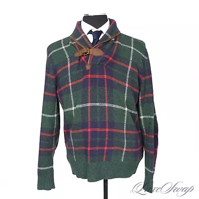 Polo Ralph Lauren Green Tartan Leather Trim Buckled Shawl Cardigan Sweater L NR • $105