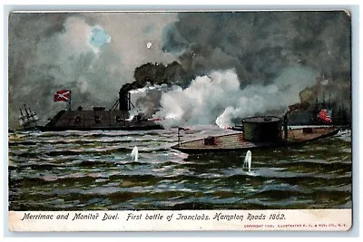 1905 Merrimac Monitor Duel First Battle Ironclads Hampton Roads Night Postcard • $12.48