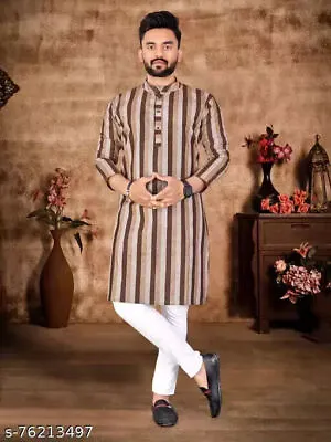 Indian Bollywood Cotton Linen Brown Linning Latest Men Kurta Designs • £27.97