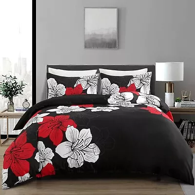Black Comforter Set Queen Red And White Floral Comforter 2 Pillowcases Modern • $49.62