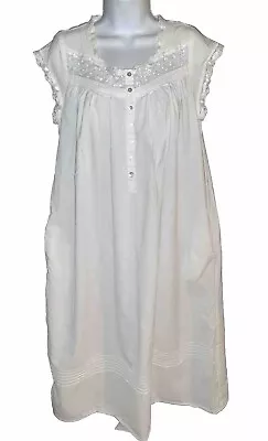 Vtg Eileen West Queen Anne's Lace White 100% Cotton Long Cap Sleeve Nightgown XS • $34.90