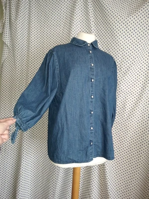 £5.60 • Buy F&F Blue Denim 3/4 Tie Puff Sleeve Collar Button Front Shirt Top Size 16 Lovely 
