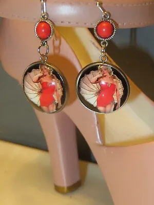 Marilyn Monroe Glass Cabochon Dangle Earrings Red Swimsuit & Umbrella • $7.99