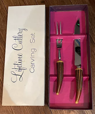 Meat Carving Knife & Fork Set Stainless Steel Faux Bone Antler Handles Cutlery • $9.99
