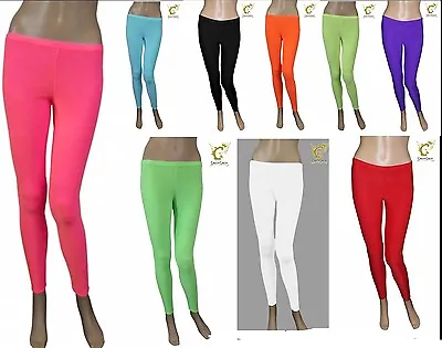 LADIES NEON MICROFIBER LEGGINGS 1980s DISCO RAVE HEN NIGHTS FANCY DRESS PARTY • £8.89