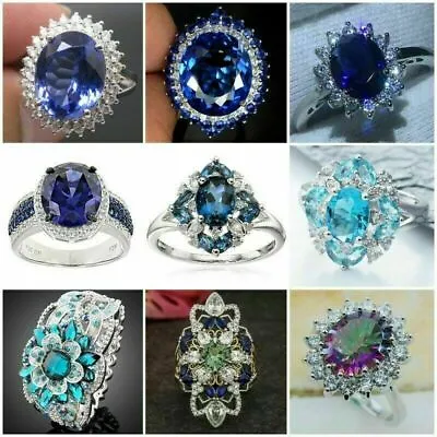 £3.01 • Buy 925 Silver Fashion Blue Sapphire Ring Women Wedding Rings Jewelry Gift Size 6-10