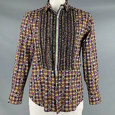 ROBERT GRAHAM Size L Purple Multi Color Print Ruffled Cotton Long Sleeve Shirt • £164.07