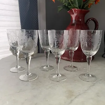 Vintage Set-6 Etched Crystal Wh.wine Glasses Grapes& Vines Pattern Pristine Con. • $26.50