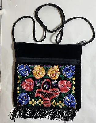 £12.92 • Buy Boho Purse Embroidered Crossbody Fringe Felt Zip Hippie Bag Multicolored Flowers