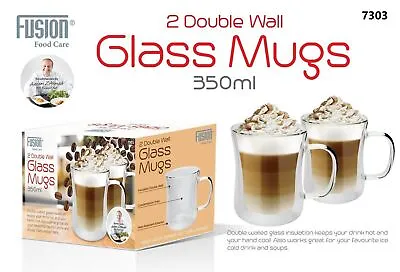 2x DOUBLE WALL MUG Insulated Glass Coffee Clear Tea Cup Thermal Handle Gift Xmas • £14.99
