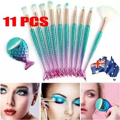 11PCS Mermaid Makeup Brushes Set Fish Tail Foundation Eyeshadow Cosmetic Brush • $12.96