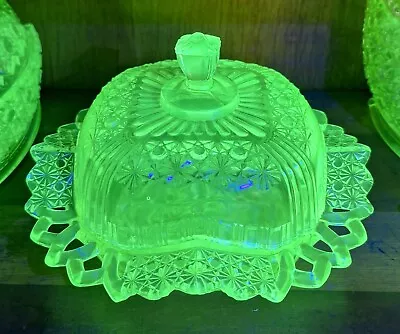 Bryce Brothers Daisy Button Fashion 1880s Butter Dish Vaseline Uranium Glass • $21.50