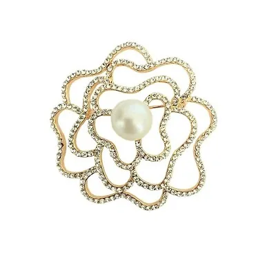 Gold Rose Flower Brooch Pin Crystal Pearl Scarf Women Wedding Dress Gift Jewelry • £8.99