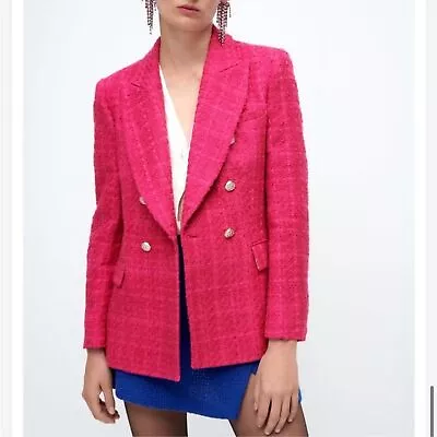 Zara Textured Tweed Fuschia Pink Double Breasted Blazer Size XS Bloggers Fave • $124.98