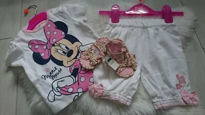 NICE SUMMER 3 PIECES NEW MINNIE MOUSE BABY GIRL TOP SHORTS SAND OUTFIT 3-6 Mths  • £4.99