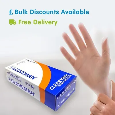 GLOVEMAN Disposable Clear Vinyl Powder & LATEX FREE Gloves Small-XL 100 200 1000 • £2.90