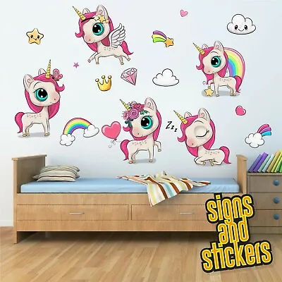 16 Unicorn World Wall Stickers Wallpaper Bedroom Child Decal Cars Cartoon Girls • £7.50