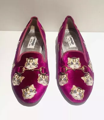 LOUNGE By Kathryn Wilson Mr Bigglesworth Cat Cerise Pink Velvet Leather Loafer • $84.16