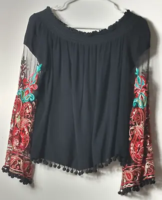 Monoreno Womens Top L Off Shoulder Black Bell L/sleeve Embroidered Boho • $19.99