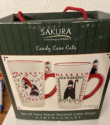 Vintage Sakura/Oneida “CANDY CANE CATS”~Christmas Latte Mugs~Fiddlestix~NEW/BOX • $15.99