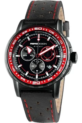 Momo Design Pilot Pro Chrono Quartz Watch Black/Red Leather Chronograph • $449