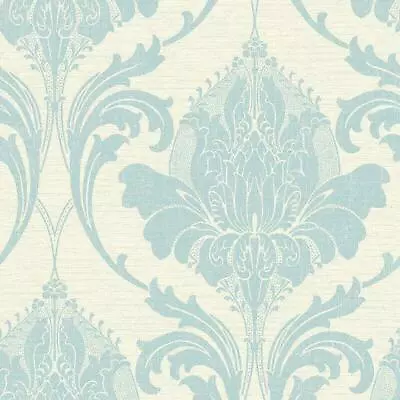 Crown Zahra Duck Egg Damask Wallpaper Traditional Blue Cream Gold • £11.49