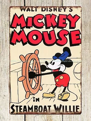Decoration Plaque Home Steamboat Willie Mickey Mouse Metal Tin Sign • $18.98