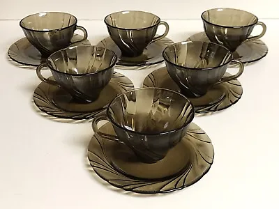 Duralex Vereco Rivage Amber Smoke Cups And Saucers • $29.99