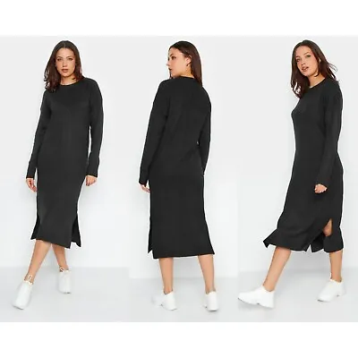 New! Long Tall Sally Black Knit Midi Dress US 10-12 Long Sleeve Side Slits • $26.02