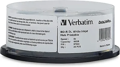 25 Verbatim Blu-ray BD-R 6x 50GB Inkjet Printable - High Capacity Blu Ray Disc • $115.55