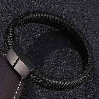Black Bracelet Men's Braided Leather Bangle Stainless Steel Cuff Wristband USA • $7.55