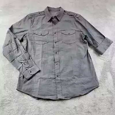 Marc Ecko Shirt Mens Medium Gray Cut & Sew Snap Button Roll Tab Sleeve Military • $4.51