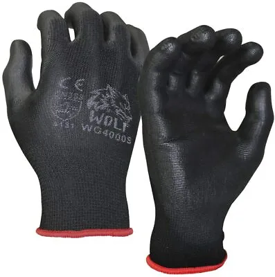 WOLF Ultra-Thin Black Work Gloves Polyurethane Palm Coated Nylon Shell 12 Pairs • $12.95