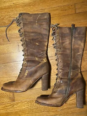 FRYE VILLAGER LACE ZIP Distressed Brown Leather Tall Lace Up Boots 77610 SZ 10 M • $118