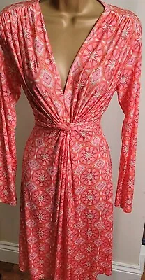 Ilse Jacobsen Dress Sz M  Pink Orange Geometric Print Rouched Slimming Holiday  • £29