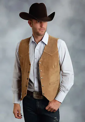 Roper Mens Brown Silky Cow Suede Leather Embossed Snap Western Vest • $67.99