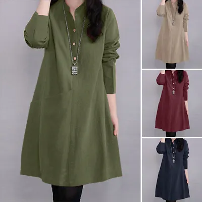 Womens Long Sleeve Mini Shirt Dress Ladies Casual Work OL Button Up Blouse Tops • $38.28